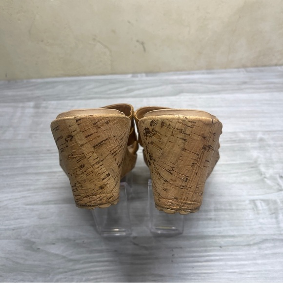 CROCS A Leigh Slip On Leather Tan Camel Brown Strappy Cork Wedge Sandals size 9 - Picture 7 of 14